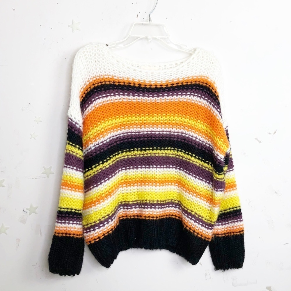 DREAMERS open knit colorful striped scoop neck sweater - Picture 4 of 8